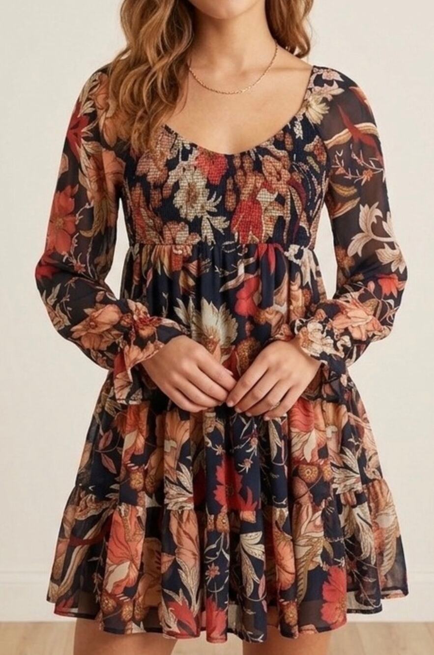 NWT Baltic Born Rubi Short Navy Floral Boho Smocked Babydoll Dress Size Medium